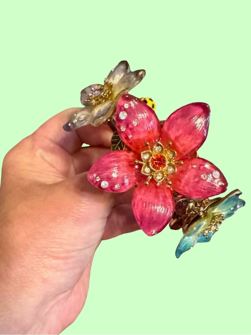Vintage Signed Betsey Johnson Multicolor Floral Crystal Statement Bracelet